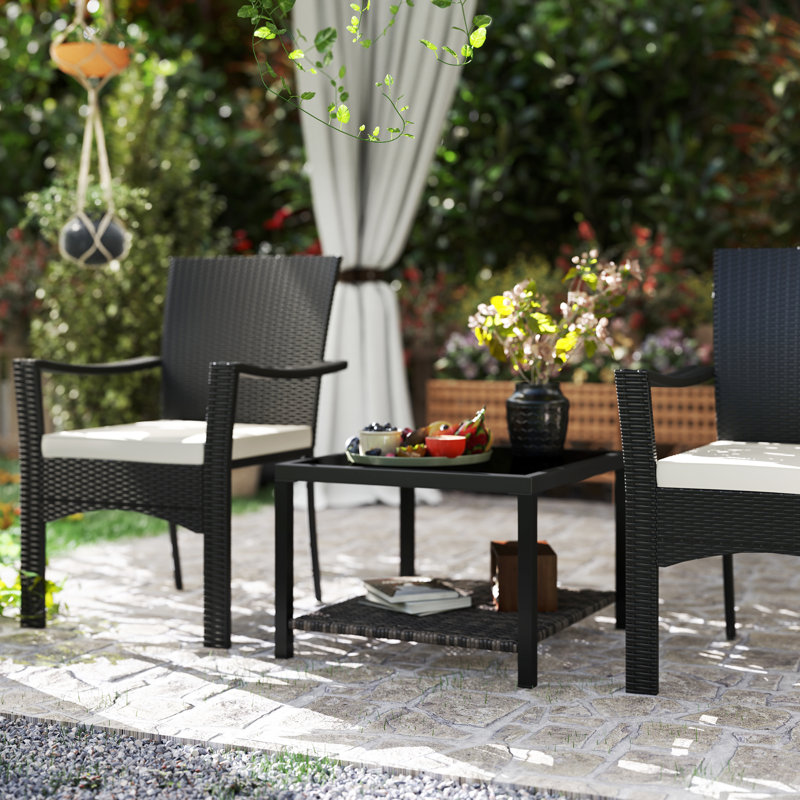 Table basse d'extérieur en rotin 23,6 po, table de bout avec plateau en verre, noir