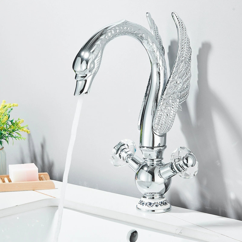 Chrome Swan Bathroom Faucet, 2-Handle Deck Mount Vanity Sink Faucet, Modern Hot & Cold