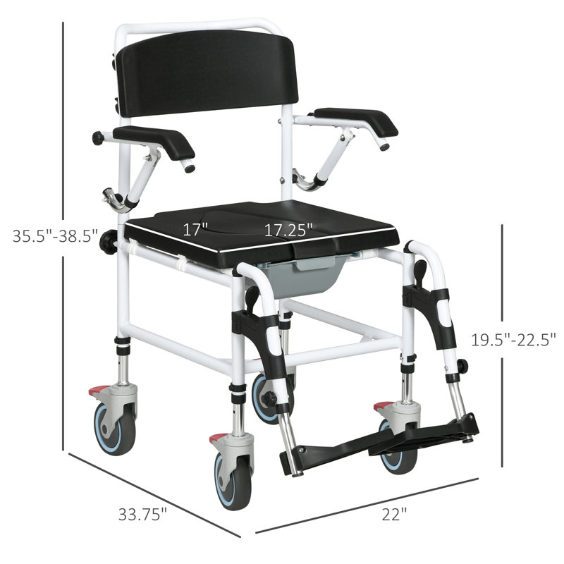 Accessibility Rolling Shower Wheelchair - 4 Castor Wheels, Rectangle Detachable Bucket, Waterproof Design, 17" Seat Width