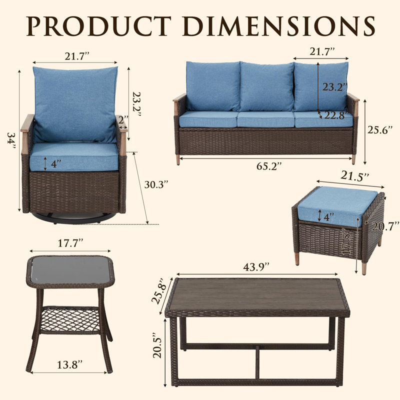 Ensemble de meubles de patio 7 pièces avec fauteuil pivotant, Bleu