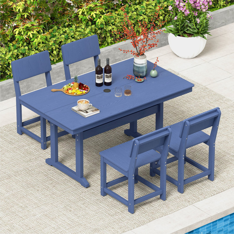 HIKHDPE 4 - Person Outdoor 59.2" Long Dining Set with 4 Chairs All-weather Sturdy Patio Set with Rectangular  Table, Navy, 4