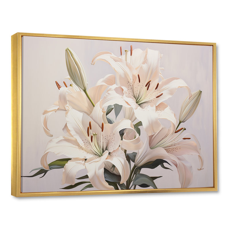 Lys blancs en fleur II sur toile, H 16 po x l 32 po x P 1 po, Cadre flottant doré