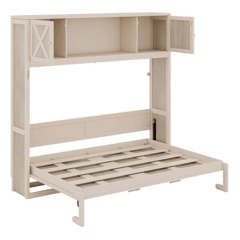 Cadre de lit escamotable multifonctionnel, armoires de rangement pratiques intégrées, Beige