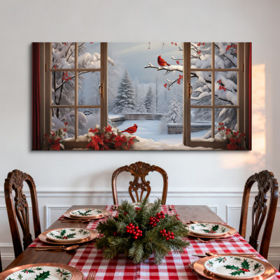 Leshanda Snowy Window with Cardinals and Poinsettias - Wrapped Canvas Print