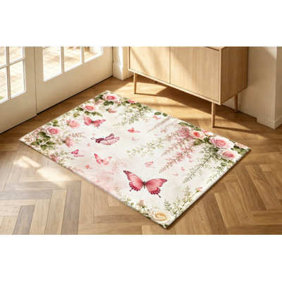 Tapis d'intérieur vintage à motifs floraux et papillons, lavable à la machine, avec envers antidérapant. Motif roses roses et papillons. Décoration intérieure chaleureuse pour le salon, la chambre, l'entrée, la cuisine, le balcon, l'appartement.