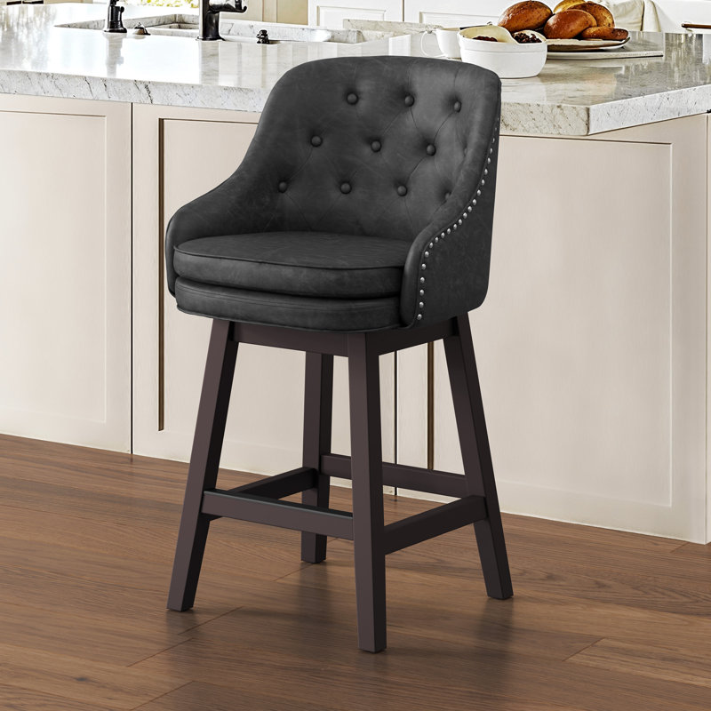 Tabouret de bar rembourrÃ© Chela Ã  boutons capitonnÃ©s, avec structure en bois massif, Dappled Black Seat/Espresso Frame 