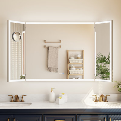 TriFold LED LED Bathroom Mirror, Front & Back Lighting, with Movable 10X Magnifying Mirror