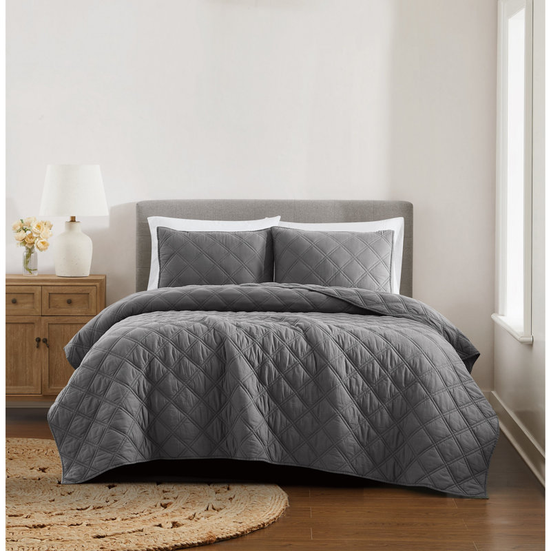 Brooklyn Loom Diamond Washed Cotton Natural Twin/Twin XL 2 Piece Quilt Set, Queen Quilt  + 2 Shams, Grey