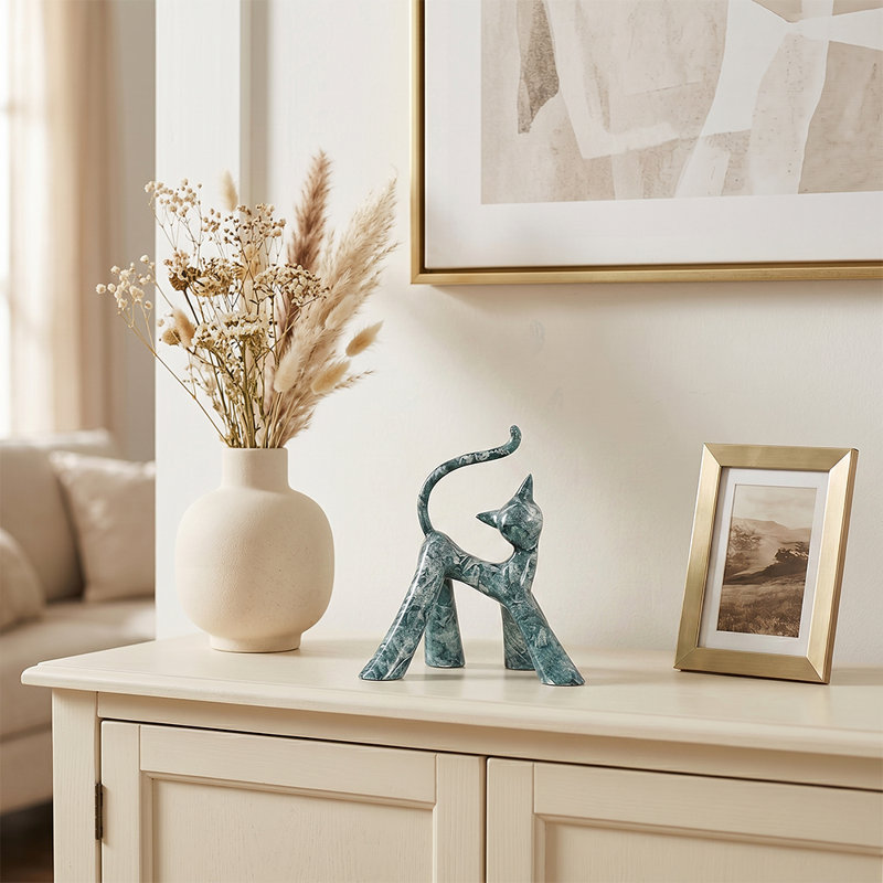 Abstract Cat Sculpture Figurine, Marble-Look Resin Art Statue for Home Decor – Bookshelf, Desk & Coffee Table Accent, Green