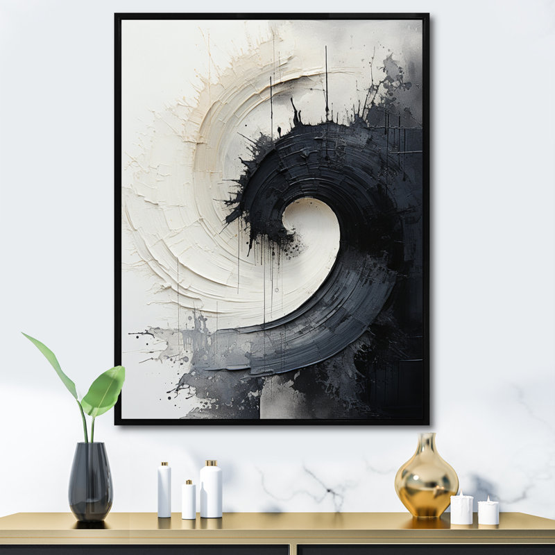Contrast Harmony I - abstrait, spirales sur toile, H 20 po x l 12 po x P 1 po, Cadre flottant noir