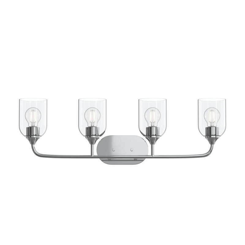 Ensemble de meuble-lavabo 4 lumières en chrome poli avec abat-jour en verre transparent Ilia, Chrome poli, 4