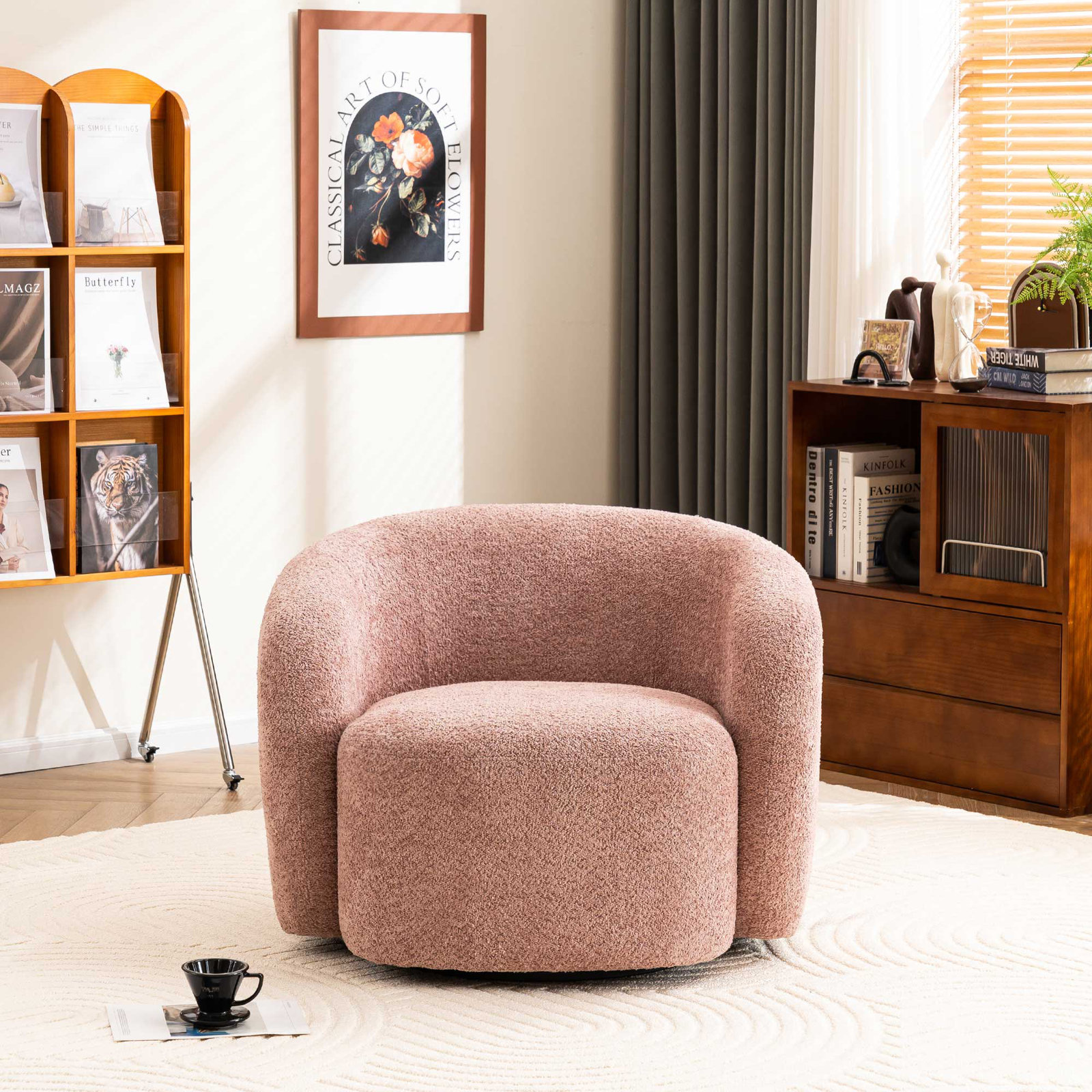Munehito Upholstered Swivel Barrel Chair, Pink