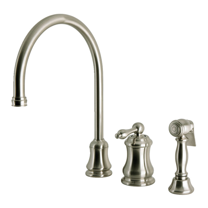 Kingston Brass Restoration Single-Handle 3-Hole Widespread Kitchen Faucet with Brass Sprayer, Brushed Nickel