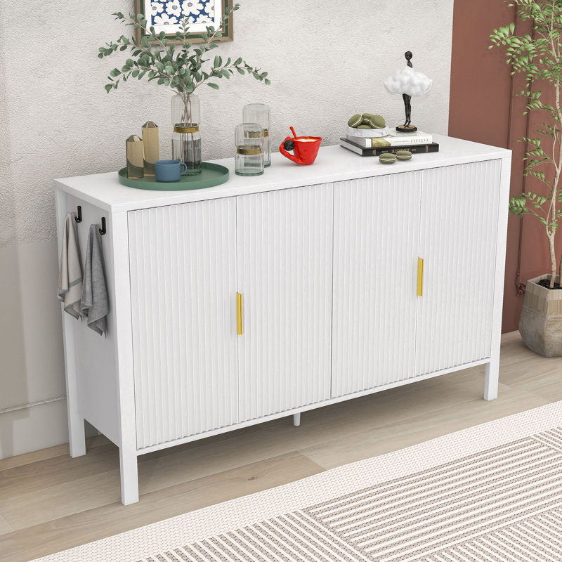 Buffet 4 portes avec tablettes réglables, supports de rangement à l'arrière et crochets latéraux, Blanc