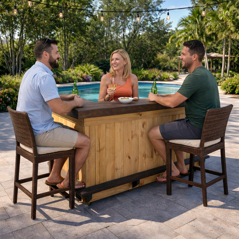 Malibu 8' x 4' U-Shape Home Bar with Two-Tier Bartop, Footrest & Storage Shelves for Entertaining
