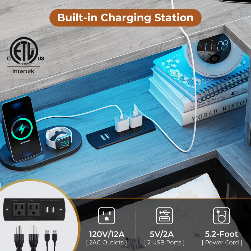 Cadre de lit d'angle avec tiroirs de rangement et tête de lit bibliothèque, méridienne double avec station de recharge et éclairage DEL, lit plateforme entièrement métallique pour chambre ou salon