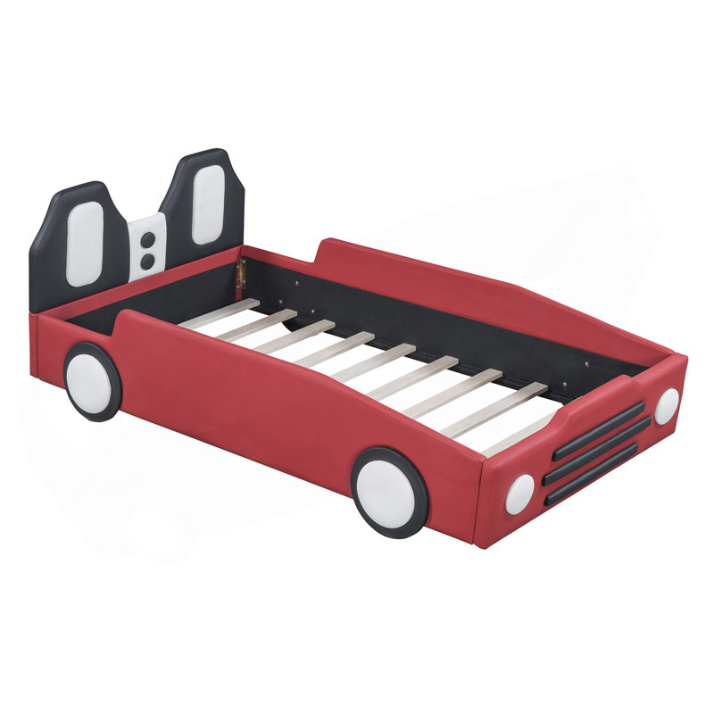 Lit plateforme simple en forme de voiture de course avec roues, rouge, Rouge