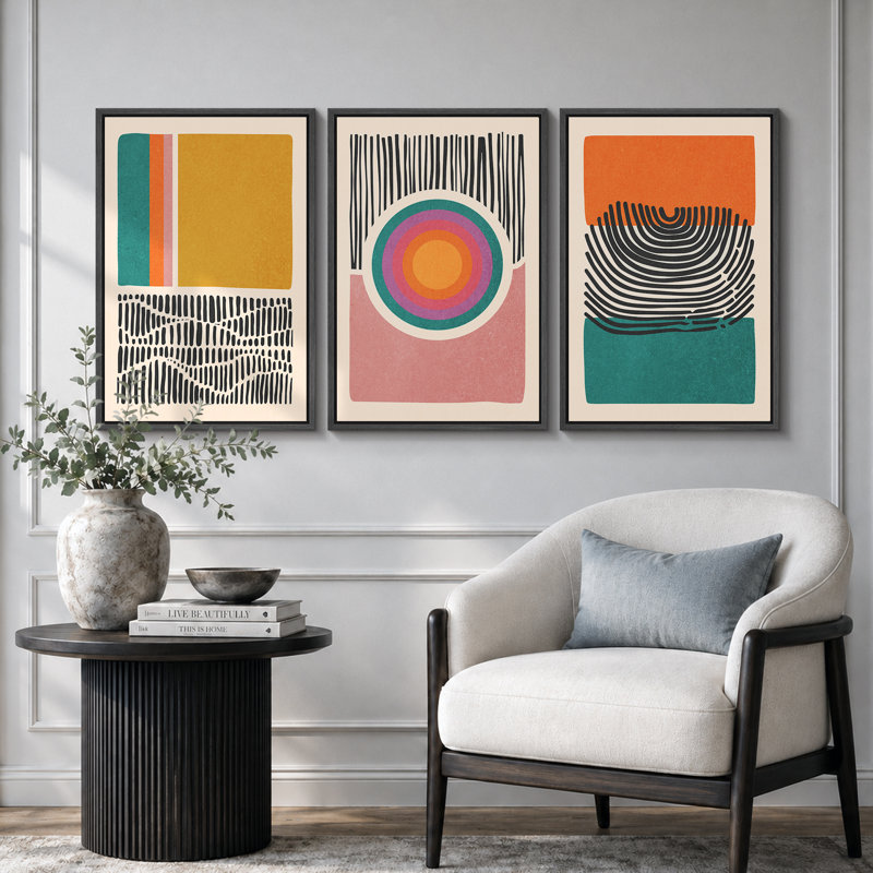 «Mid-Century Multicolor Color Block Shape Abstract Geometric», ensemble de 3 impressions sur toile flottante encadrées