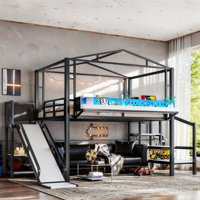 Loft Bed With Storage Stairs, Shelves, And Built-In Wardrobe, Metal Frame With USB Ports And LED Lights, Noise-Reduced Design