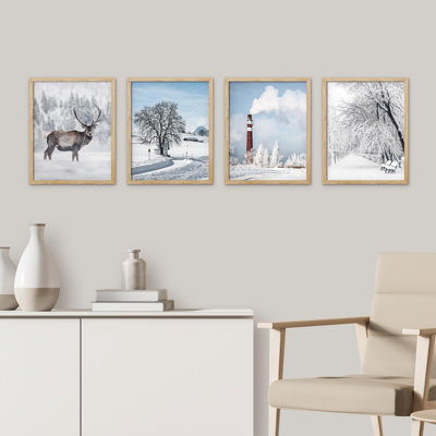 «Snowy Winter Autumn Frost Deer Forest Nature», reproduction d'art encadrée sur papier, 4 pièces