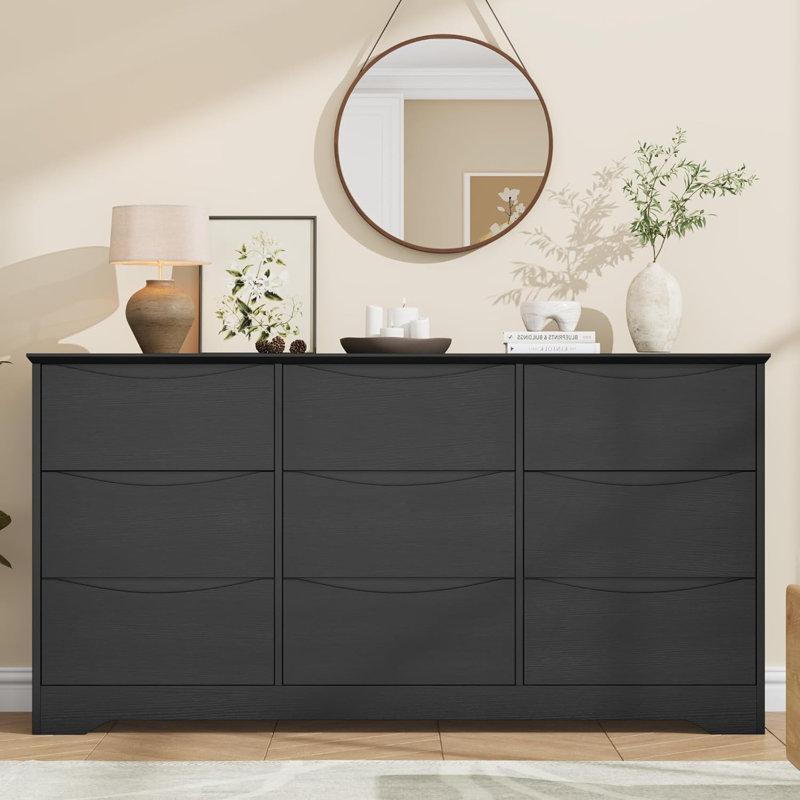 Commode haute 9 tiroirs en bois, commode de rangement moderne avec plateau large, noir, Noir