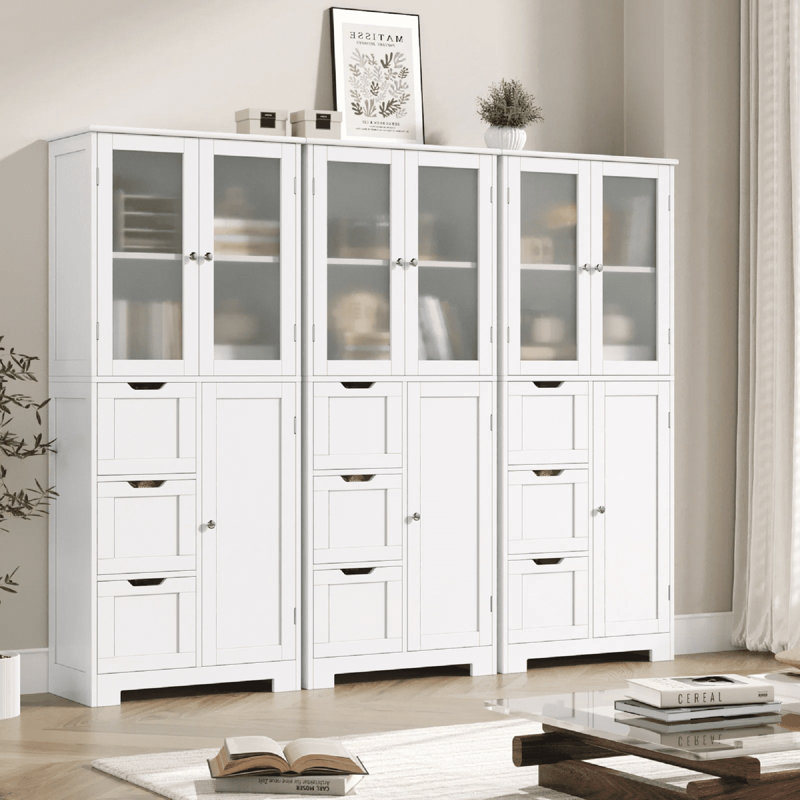 Armoire à linge blanche 56,6 "avec 3 portes et 3 tiroirs
