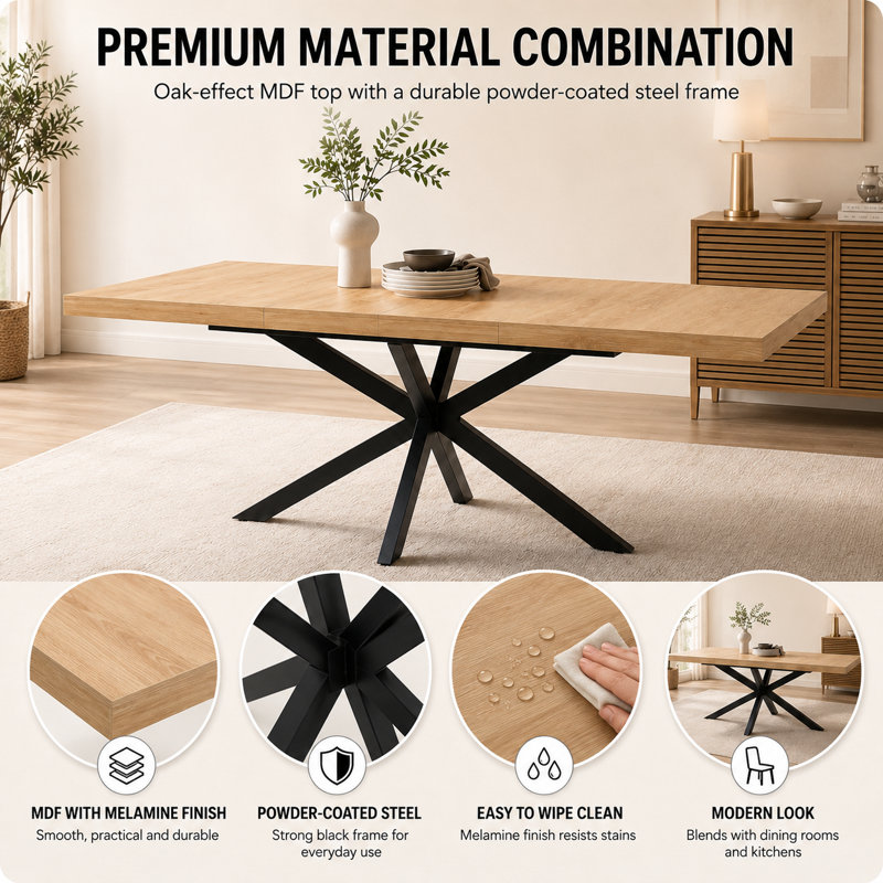 Extendable Dining Table 6 Seater 140-180cm X Leg Storage Kitchen Dining Room Industrial, Oak