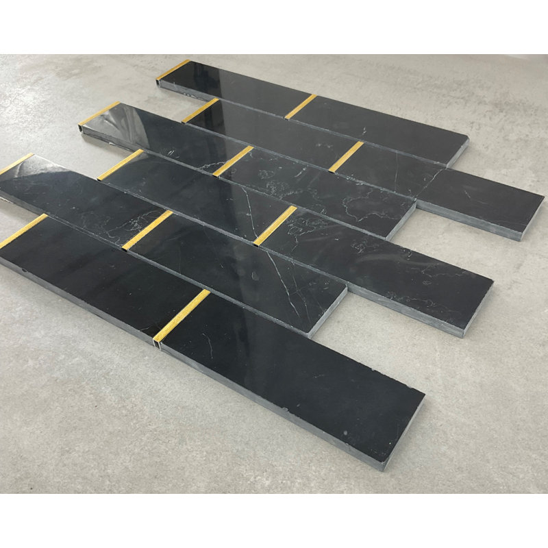 2" x 6" Marble Mosaic Pattern Wall & Floor Tile, Nero Marquina/Gold