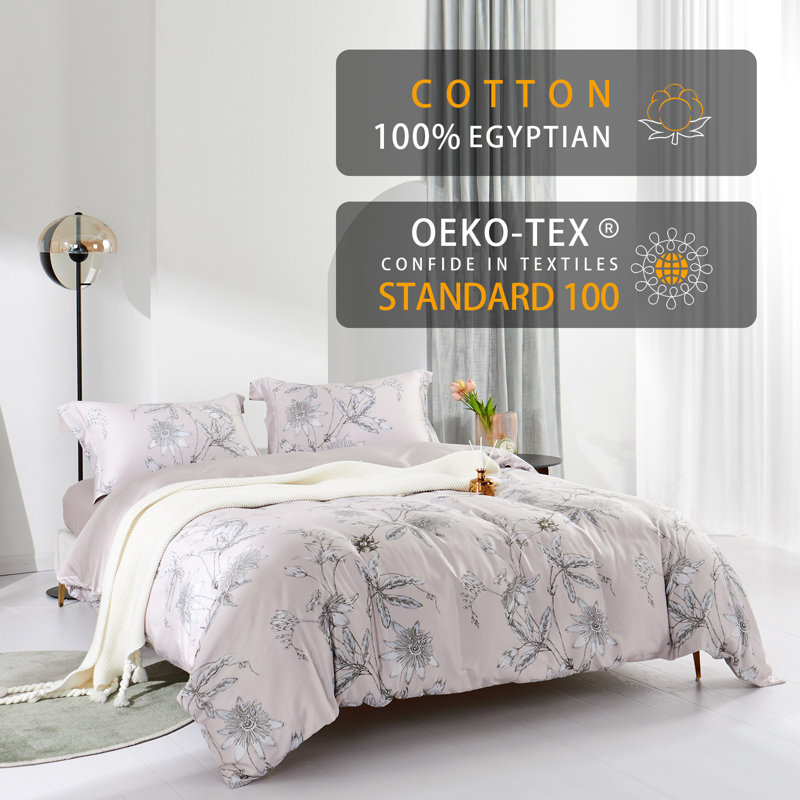 Lunaria 100% Long-Staple Cotton Duvet Cover Set Light Pink Elegant Floral Pattern Printed Comforter Cover 3pcs, Ultra Soft & Breathable Bedding Set