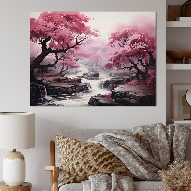 «Pink Trees Waterfall Endless Journey» - Art mural cascade, Toile tendue, H 30 po x l 40 po x P 1,5 po