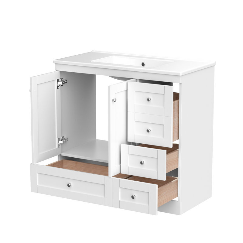 Armoire de salle de bain sur pieds 36 po avec lavabo en céramique, 4 tiroirs à fermeture en douceur et 2 portes à fermeture en douceur Shaker