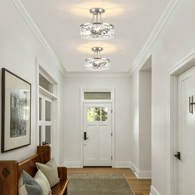 3 - Light Semi Flush Mount Ceiling Light With Water Glass Shade, Nickel