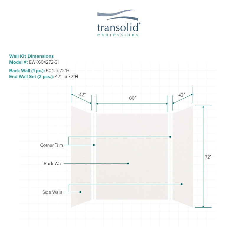 Paroi de douche à 3 panneaux l 48 po x P 36 po Expressions, Blanc, H 72 po x l 60 po x P 42 po
