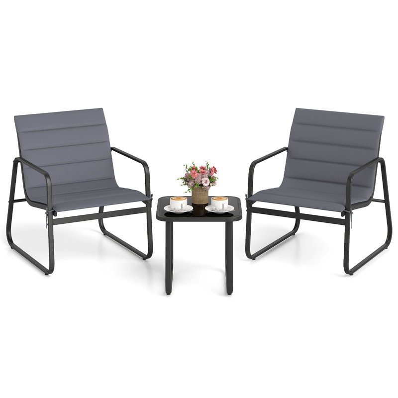 3 Piece Patio Bistro Set Outdoor Chairs & Side Table With Removable Cushions & Tempered Glass Tabletop