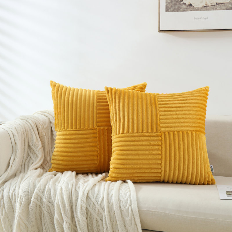 Square Striped Corduroy Soft Flannel Patchwork Pillow Cover, Yellow, 18"H x 18"W