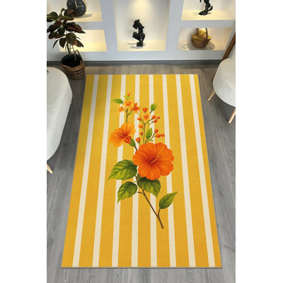 Tapis jaune tissé à motif floral lavable Mosso