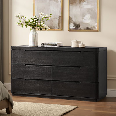 Waynesville Modern 60"W 6-Drawer Oak Wood Dresser with Removable Jewelry Tray