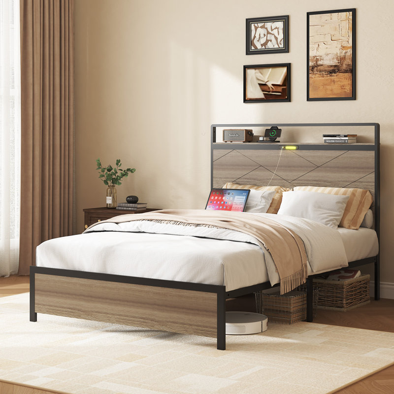 Wooden And Metal Full Bed Frame，Bed With Storage Headboard And Charging Station&LED Lights, Full