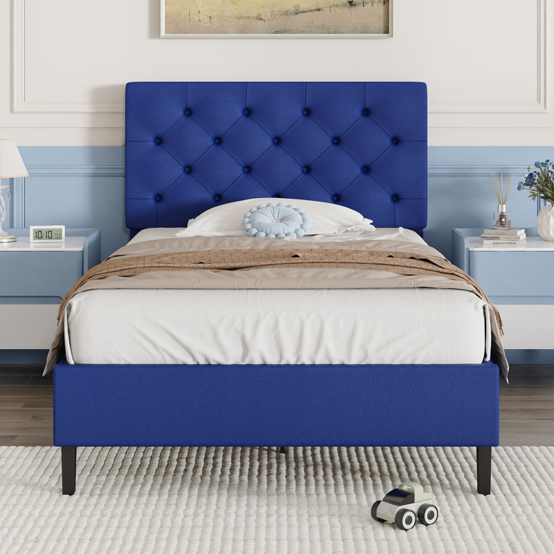 Structure de lit avec tête de lit, lit plateforme tapissier avec capitonnage à boutons Desigh, Lit simple, Bleu