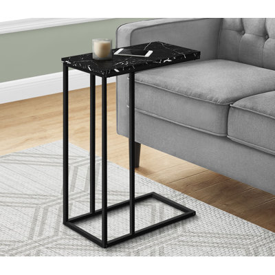Accent Table, C-Shaped, End, Side, Snack, Black Marble Look Laminate, Black Metal
