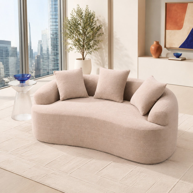Causeuse incurvée de 65 pouces en chenille, canapé à compression 2 places avec support à ressorts et 3 coussins décoratifs, aucun assemblage requis