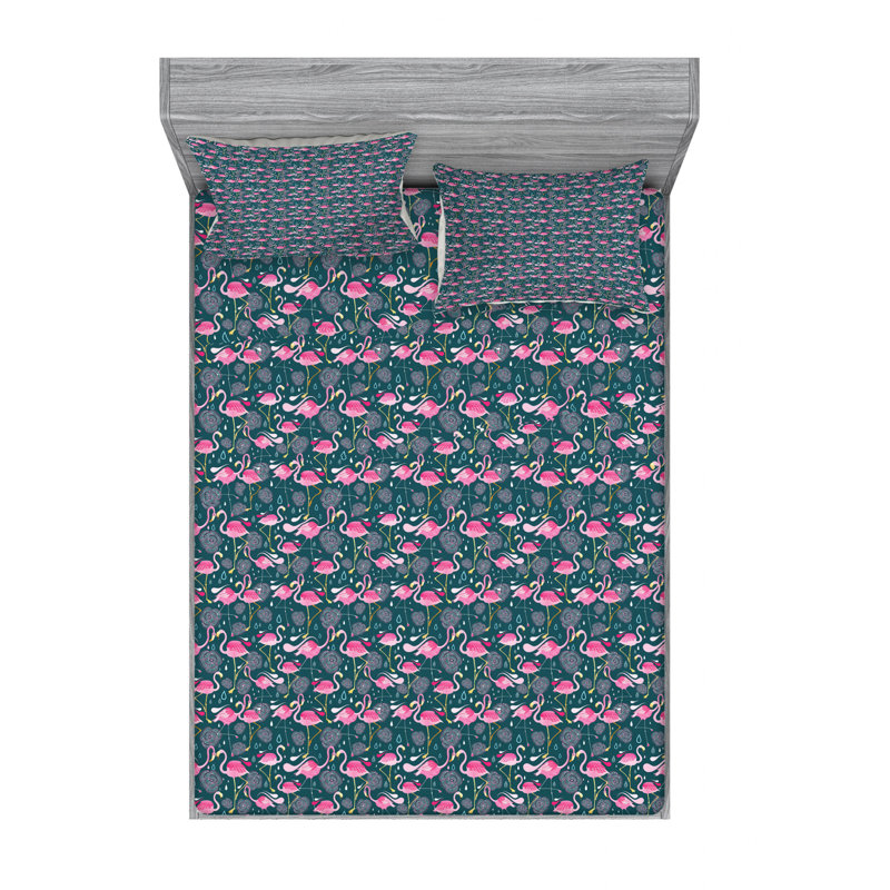 Flamingo Microfiber Floral Sheet Set, Queen Sheet Set with Fitted Sheet