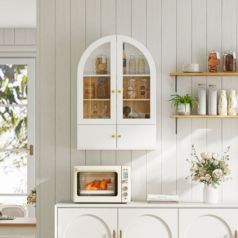 Armoire murale de salle de bain avec portes en verre, armoire à pharmacie en bois avec tablette réglable, armoire suspendue arquée pour salle de bain, salon, blanc