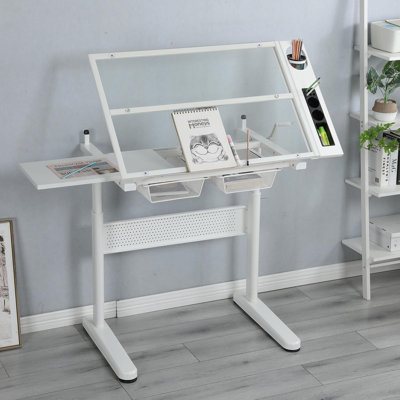 Bureau à dessin avec manivelle et 2 tiroirs en métal (blanc) avec manivelle