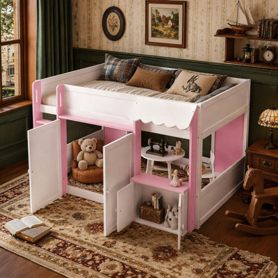 Lit mezzanine double avec maisonnette et rangement, lit en bois moderne pour enfants / adolescents, blanc et rose