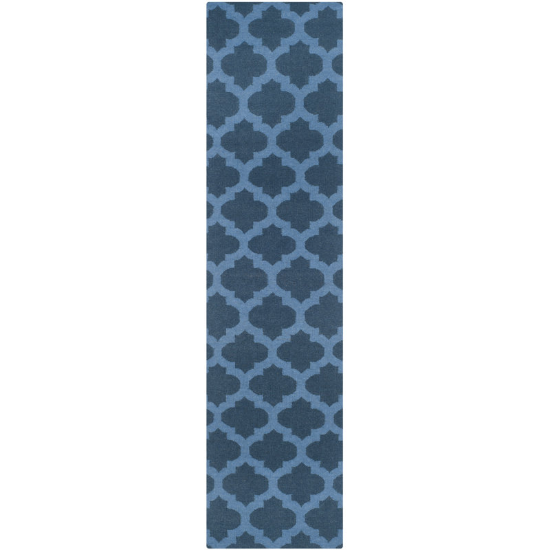 Rodgers Hand Woven Flat Weave Wool/Cotton Geometric Rug in Blue, Runner 2'6" x 10'