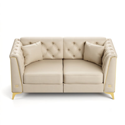 Canapé Chesterfield modulaire de style Mid-Century avec capitonnage à boutons, accoudoirs garnis de métal et pieds minces, comprend 2 coussins