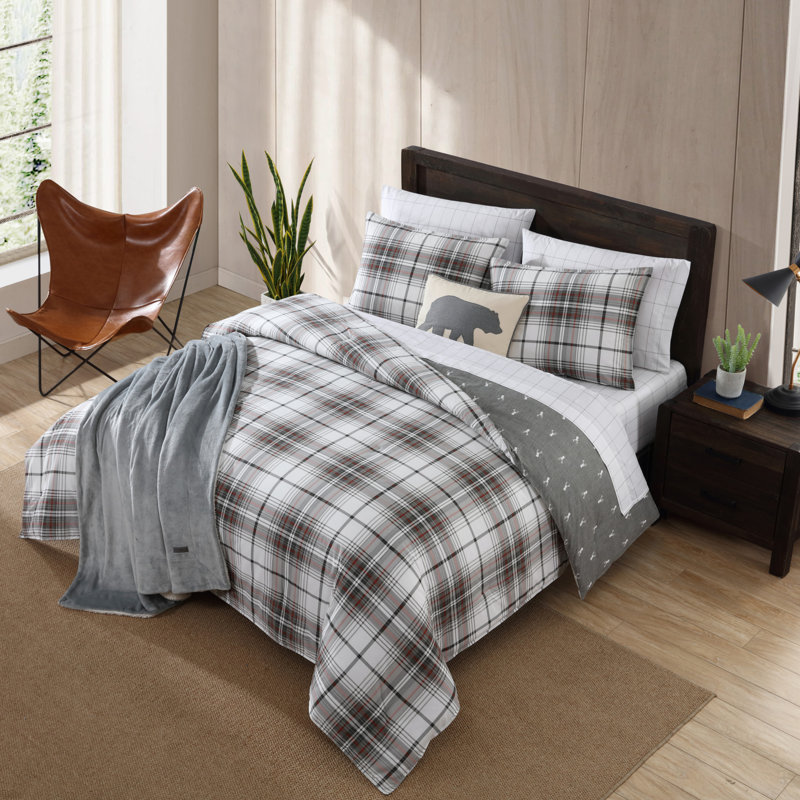 Queen Gray and Red Plaid Cotton Duvet Cover Set