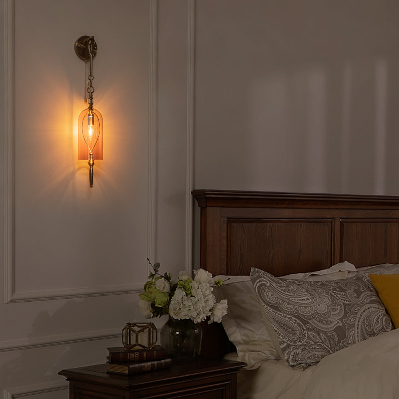 1-Light Armed Wall Sconce with Pull Chain Switch, Vintage Brass Wall Light with Amber Hand-Blown Glass Shade, E12 Base 60W Max for Bedroom Bathroom Vanity Living Room, ETL UL Listed