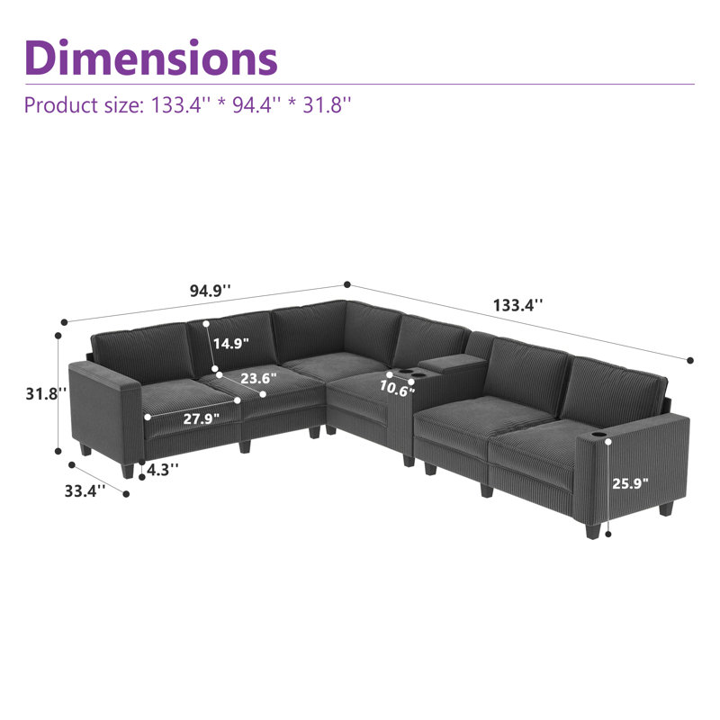 Upholstered Sectional, Gray Corduroy